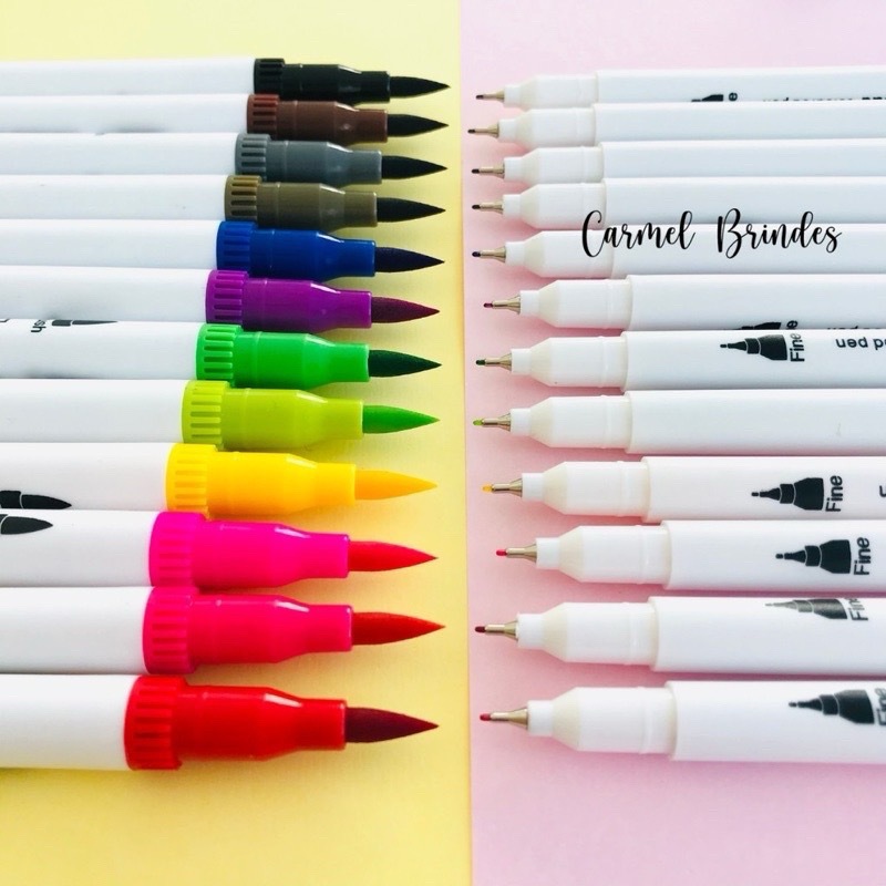 Caneta Brush Pen Kit Com 12 Cores com ponta dupla pincel estilo brushpen e ponta fina