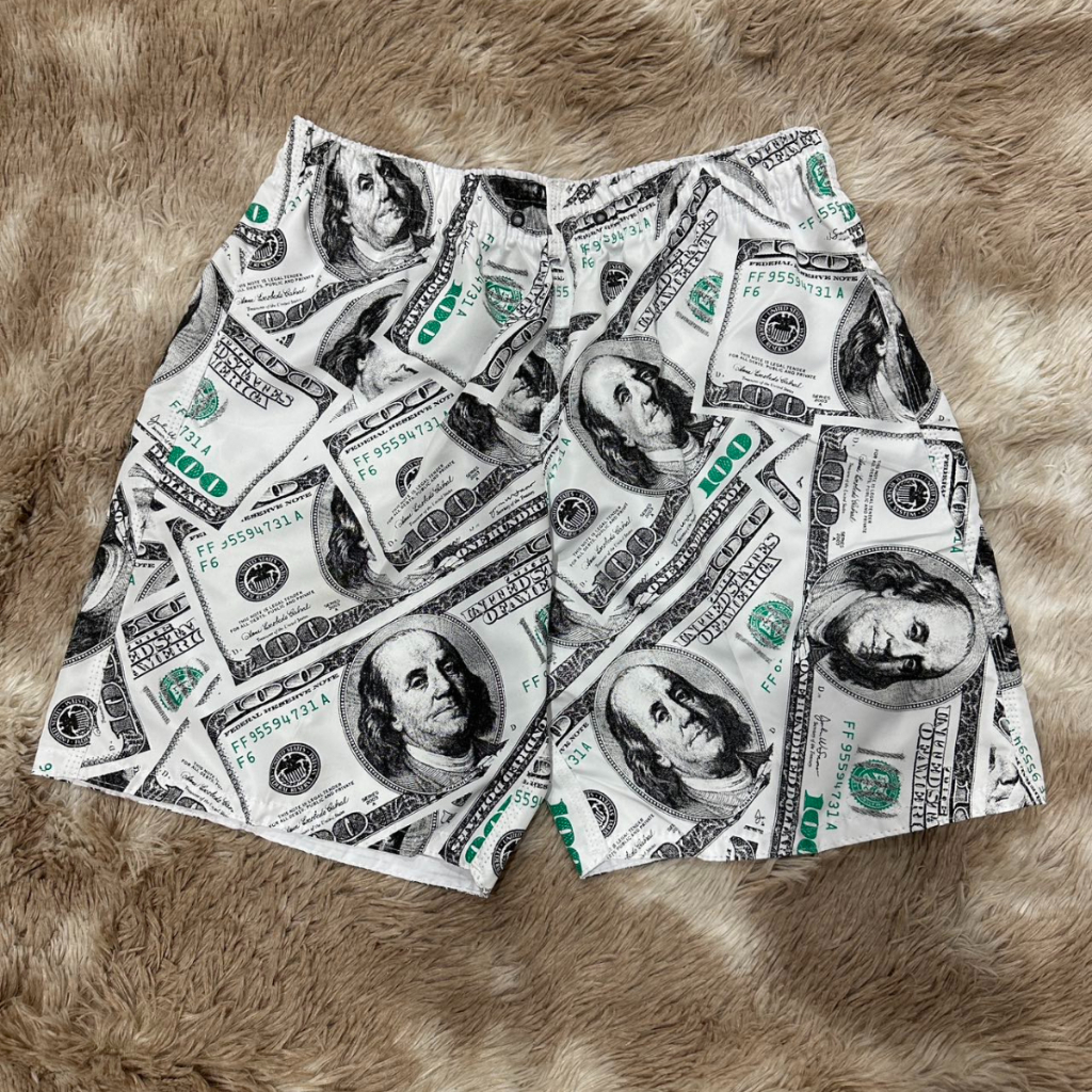 Shorts masculinos de praia, calças curtas com design de padrão de nota de dólar