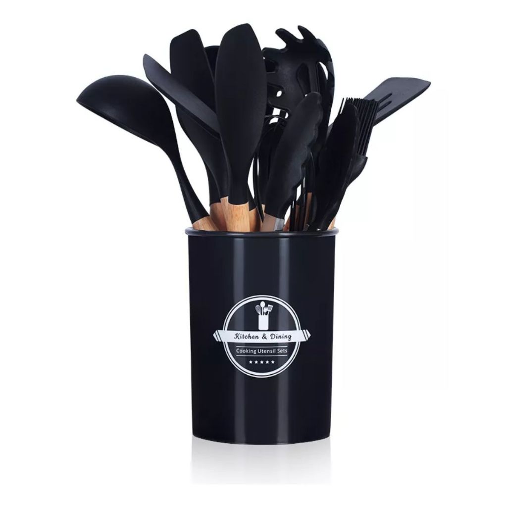 Kit C/12 Pçs Utensílios De Cozinha Colheres Espatula Silicone Cabo Madeira Decoração Promoção