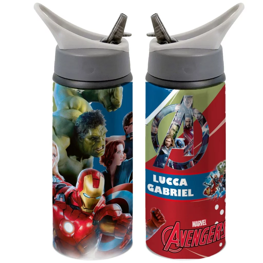 Garrafa Squeeze Os Vingadores Marvel Com Nome Desenho Infantil Personalizada Volta as Aulas Escolar