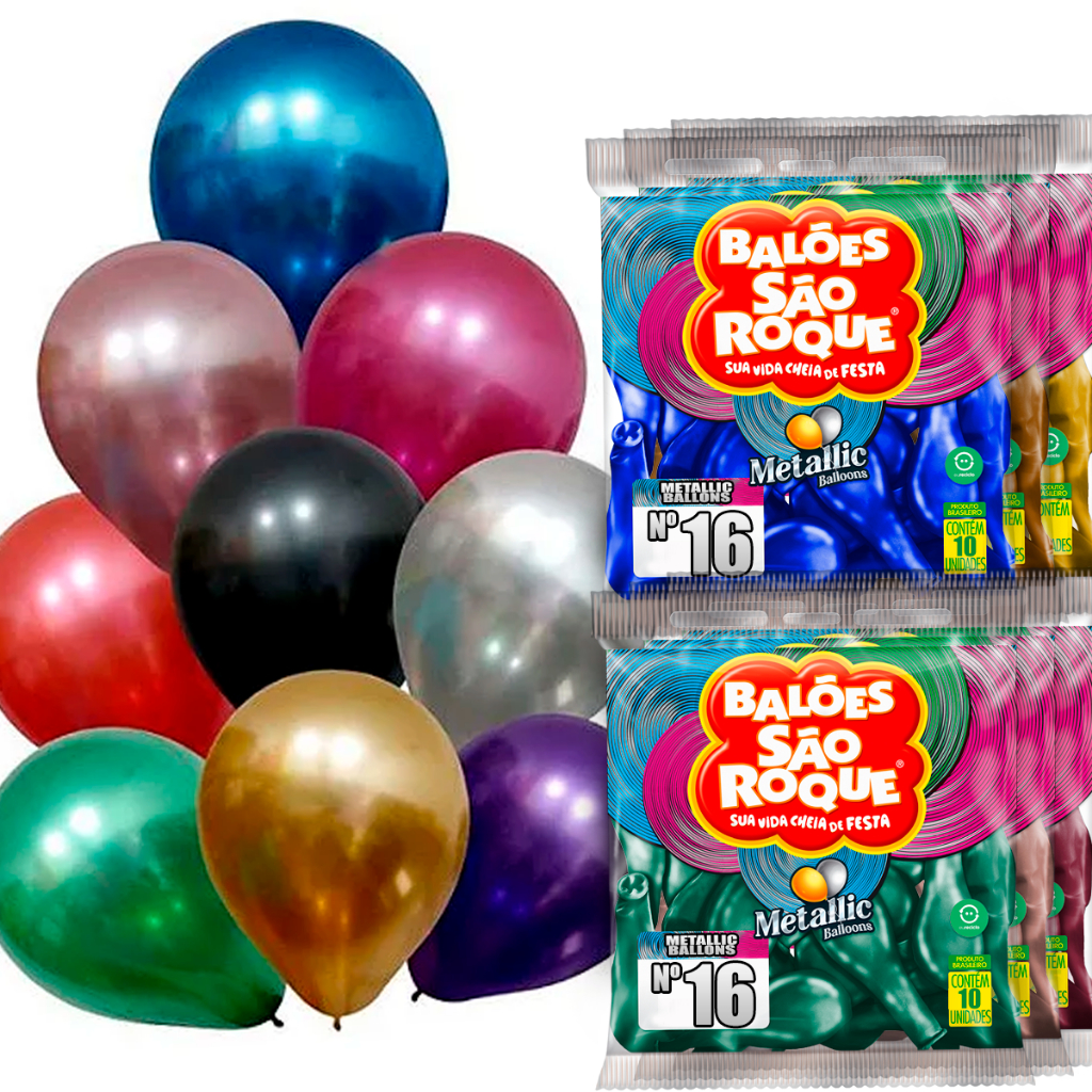 Balão Bexiga Látex Metalizado Metalico Nº 16 Polegadas Varias Cores 10 ...