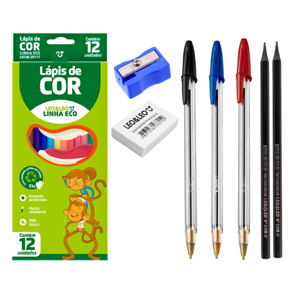 Kit Escolar Básico: 1 Caixa de Lapis de Cor Leo e Leo 12 Cores + 1 Caneta  Bic Vermelha + 1 Caneta Bic Preta + 1 Caneta Bic Azul + 1 Apontador