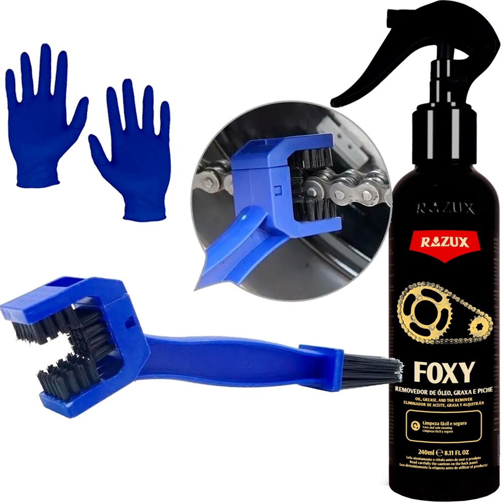 Foxy Razux Limpador de Corrente Motor Transmissão Desengraxante 240ml + Escova Limpa Corrente de Moto Bicicleta Karbox e Luva