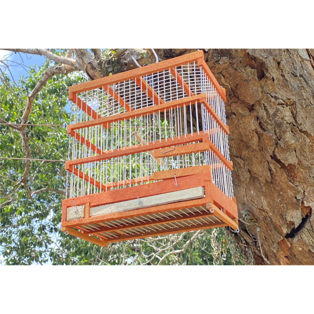 Gaiola De Madeira E Fibra Artesanal Para Pássaros Pequenos