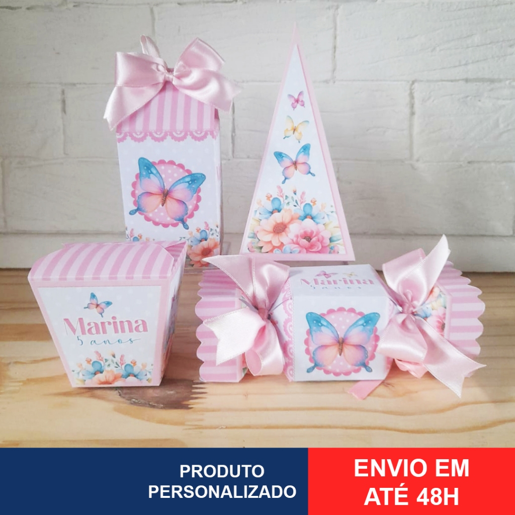 Kit Pegue Monte Personalizados Jardim Encantado Borboletas - Escolha de 20 a 60 Caixinhas Lembrancinhas de Aniversário Mesversário