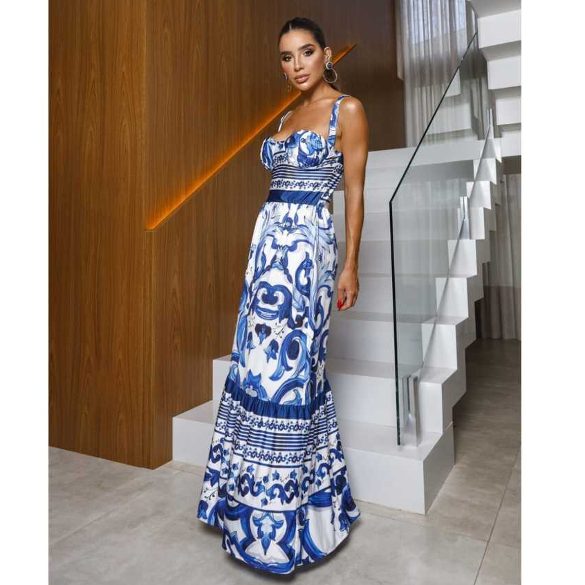 Vestido Longo Estampado Com Alças Grossas E Bojo