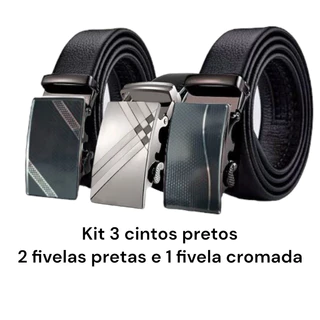 kit de 3 cintos pretos 2 fivelas pretas e 1 fivela cromada