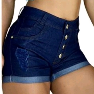 Bermuda Short Feminino Curto Jeans Rasgado Azul Marinho