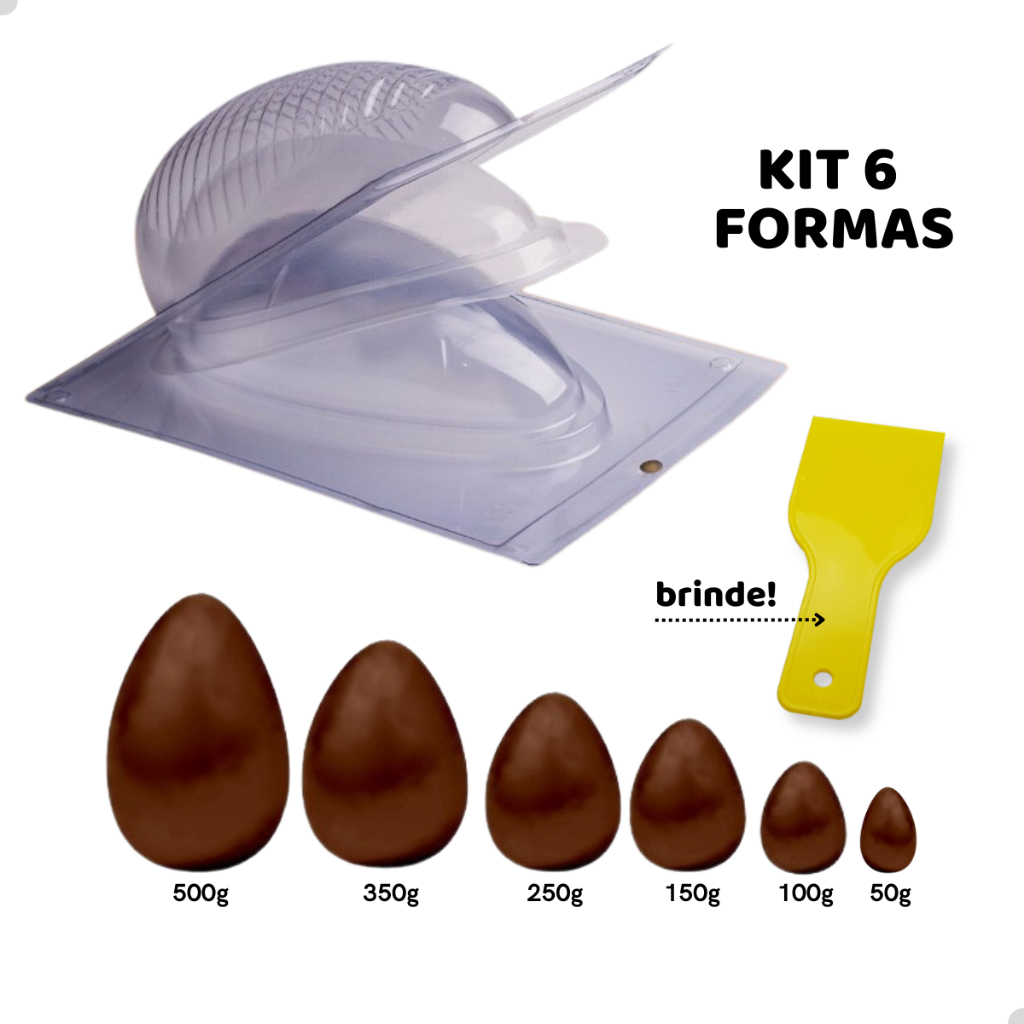 Kit 6 Formas Ovo de Páscoa 50/100/150/250/350/500g C/ Silicone BWB Espátula Brinde