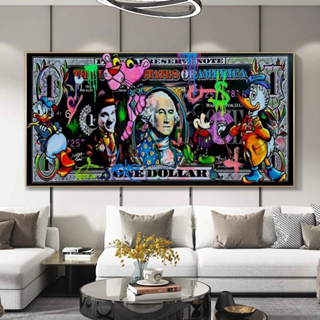 Quadro decorativo 1 peça 40x60 pantera rosa Mickey mouse pato donald grafite no dólar dinheiro colorido abstrato moderno decoração para casa sala quarto hall