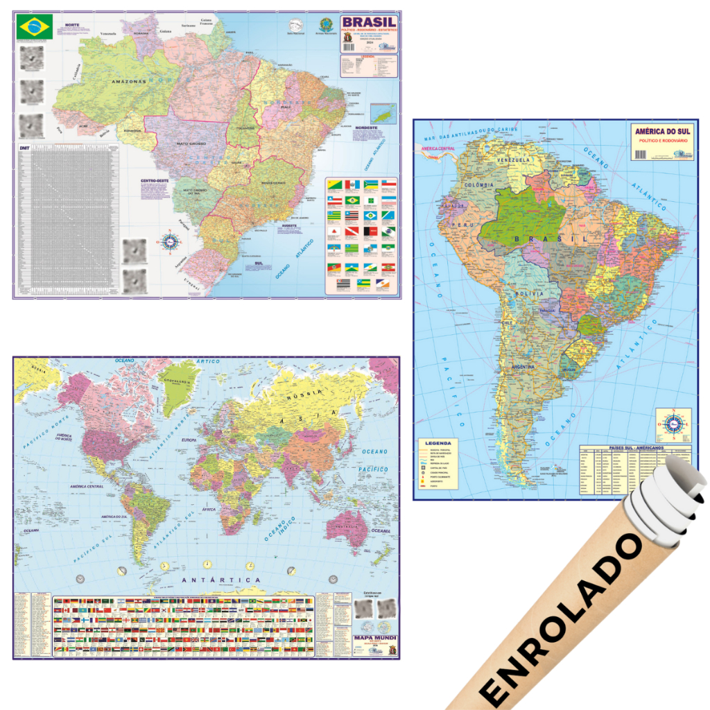 Kit 3 Mapas Mundi America Do Sul E Brasil Escolar Politico Poster 
