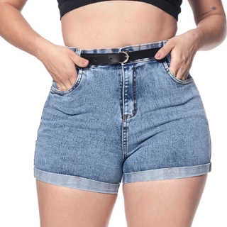 Short Feminino Jeans Cintura Alta Acompanha Cinto Jeans Cetin Com Elastano Laycra Tecido Confortável - Promoção