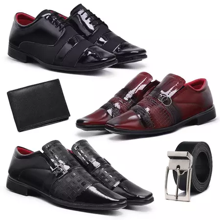 Kit 3 Pares Sapato social Verniz com Carteira e Cinto Stylo Class