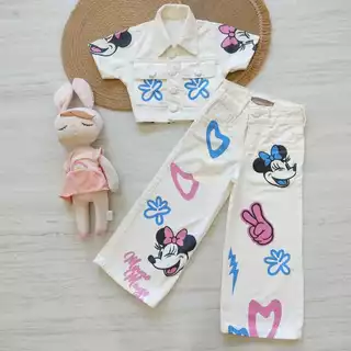 Conjunto Blusa + Calça Jeans Menina Minnie Blogueirinha Modinha Verão Fashion Botões Estilo Social Modelo Roupa Infantil Mini Diva Presente Fotografia Antenada