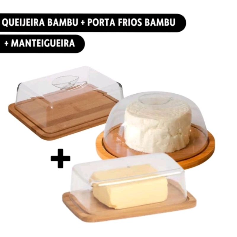 kit 3 pecas porta frios+queijeira+mantegueira bambu e acrilico mimo style