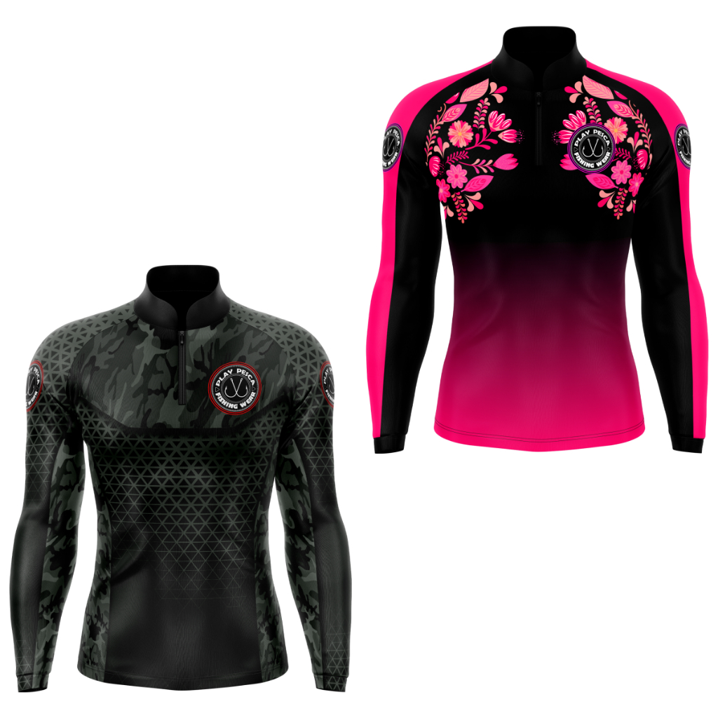 kit casal Girls 05 e Cammo Black camisa camiseta blusa de pesca com proteção solar uv50 poliéster dryfit