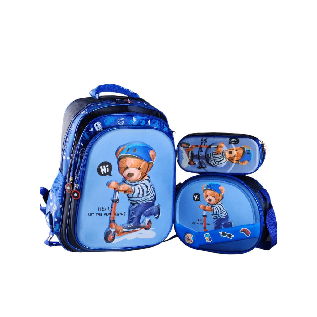 Kit 3 peças Mochila Infantil 3D Escolar Kit Com Lancheira Estojo Conjunto Menino e Menina Bonito Dos Desenhos carro