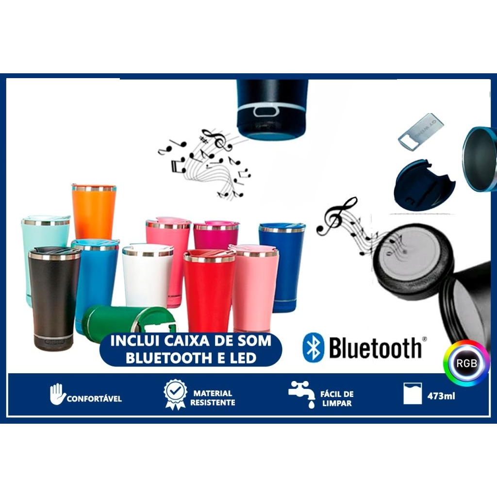 Copo Caneca Térmico C/ logo Tampa E Abridor Bluetooth e Led 470ml