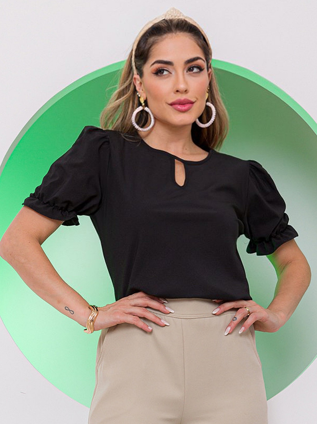 moda Blusa feminino de manga bufada Tops Manga de Borboleta Sólido ...