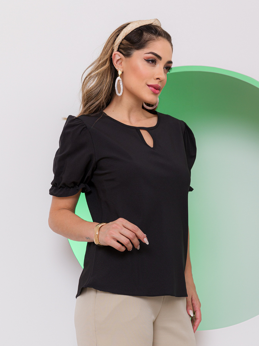 moda Blusa feminino de manga bufada Tops Manga de Borboleta Sólido ...