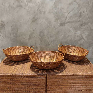 Kit com 3 cesta de bambu galeto oval para pao duas alças/fruteira