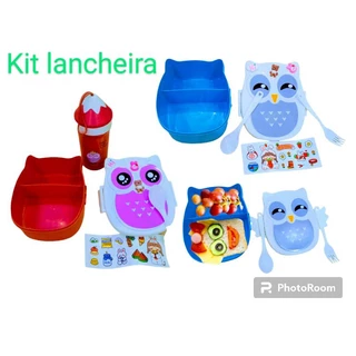 lancheira Kit Marmita Infantil Coruja com 2 Talheres + Garrafinha de 300 ml Adesivos + brinde