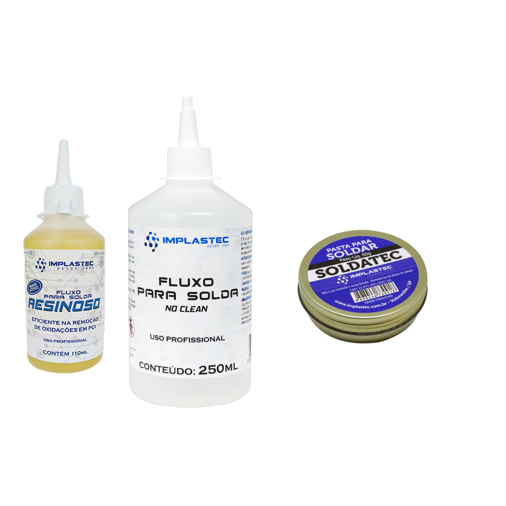 Kit soldagem Fluxo de solda liquido No Clean 250ml + Fluxo de solda Resinoso Liquido 110Ml + Pasta para soldar Soldatec 50g