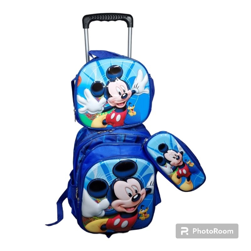 Kit Mochila Escolar de Rodinhas 3d Mickey e Patrulha e outros.