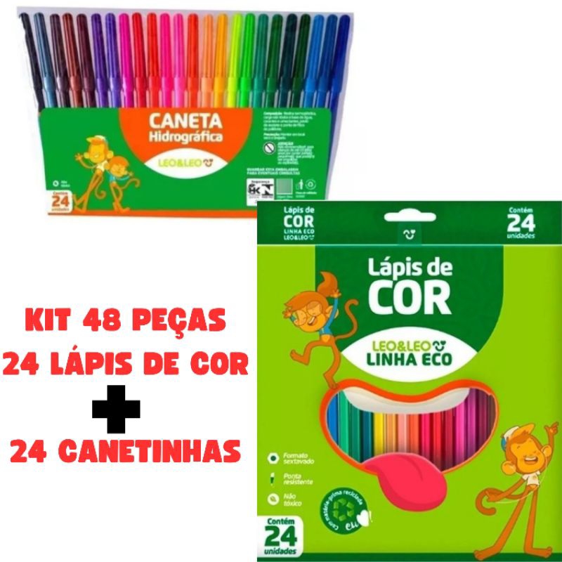 Kit 24/48 Peças Lápis De Cor E Canetinha Colorir Escolar Leo E Leo