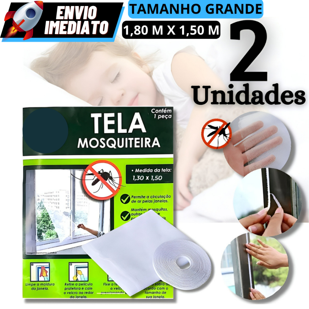 Kit 2 Telas Mosquiteiras Janela Anti-inseto Mosquito 180x150 Grande Fácil Instalação - Ajustavel