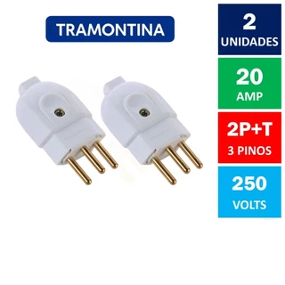 Kit Com 2x Plugue Macho 3 Pinos 20A 250V Branco Tramontina ( Tomada Macho 2P+T Tipo Grosso )