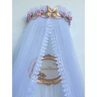 Dossel Arabesco Flor Rosa e Borboleta Dourada e Mosquiteiro em Tule em Oferta na Shopee