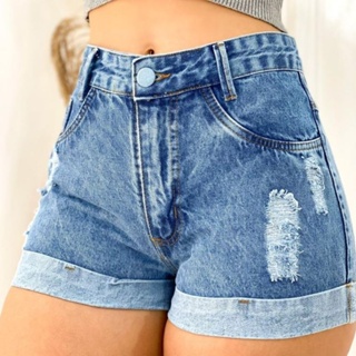 Short Feminino Jeans Curto Rasgado Bolso e Frente