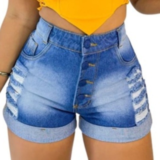 Bermuda Short Feminino Jeans Rasgado Frente e Bolso