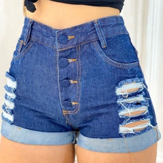 Short Feminino Jeans Rasgado Frente Bolso