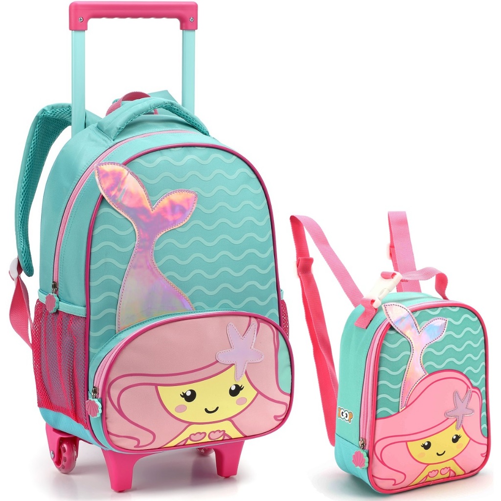 Kit 2 Peças Mochila Bolsa Escolar Infantil Creche Pré Escola com Rodinha Lancheira Térmica Bichinhos Sereia Baleia Tubarão Pinguim Rena Gatinha Ratinho Seanite Zoop MR41324 LA15277 MR40410 LA40411