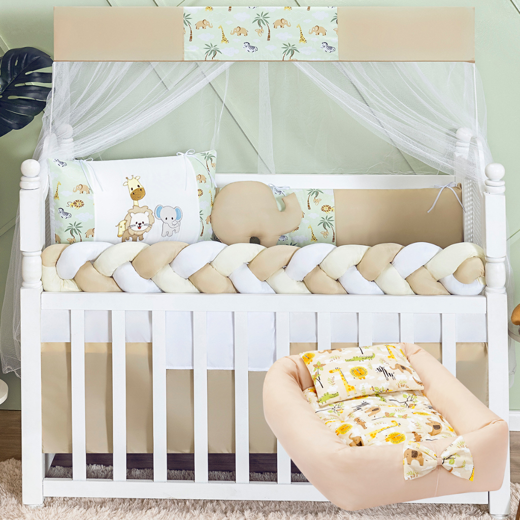 Kit Berço Trança Safari Verdinho Completo Com Ninho Redutor Mosquiterio e Lençol 15 Peças