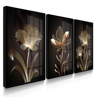 Kit Quadros Decorativos com Molduras e Vidros Flores Gold Abstrato
