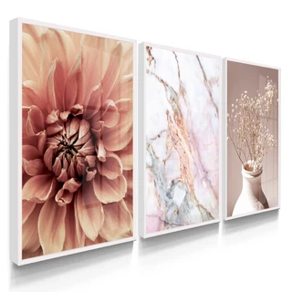 Quadros Decorativos Flores Trio Mármore Branco Rose Flor Com Vidros
