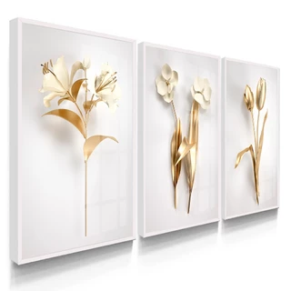 Quadros Decorativos com Moldura e Vidro Sala Flores Douradas Branco