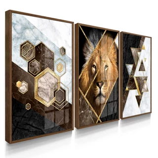 Quadros Decorativos com Moldura e Vidro Leão Abstrato Animais Sala