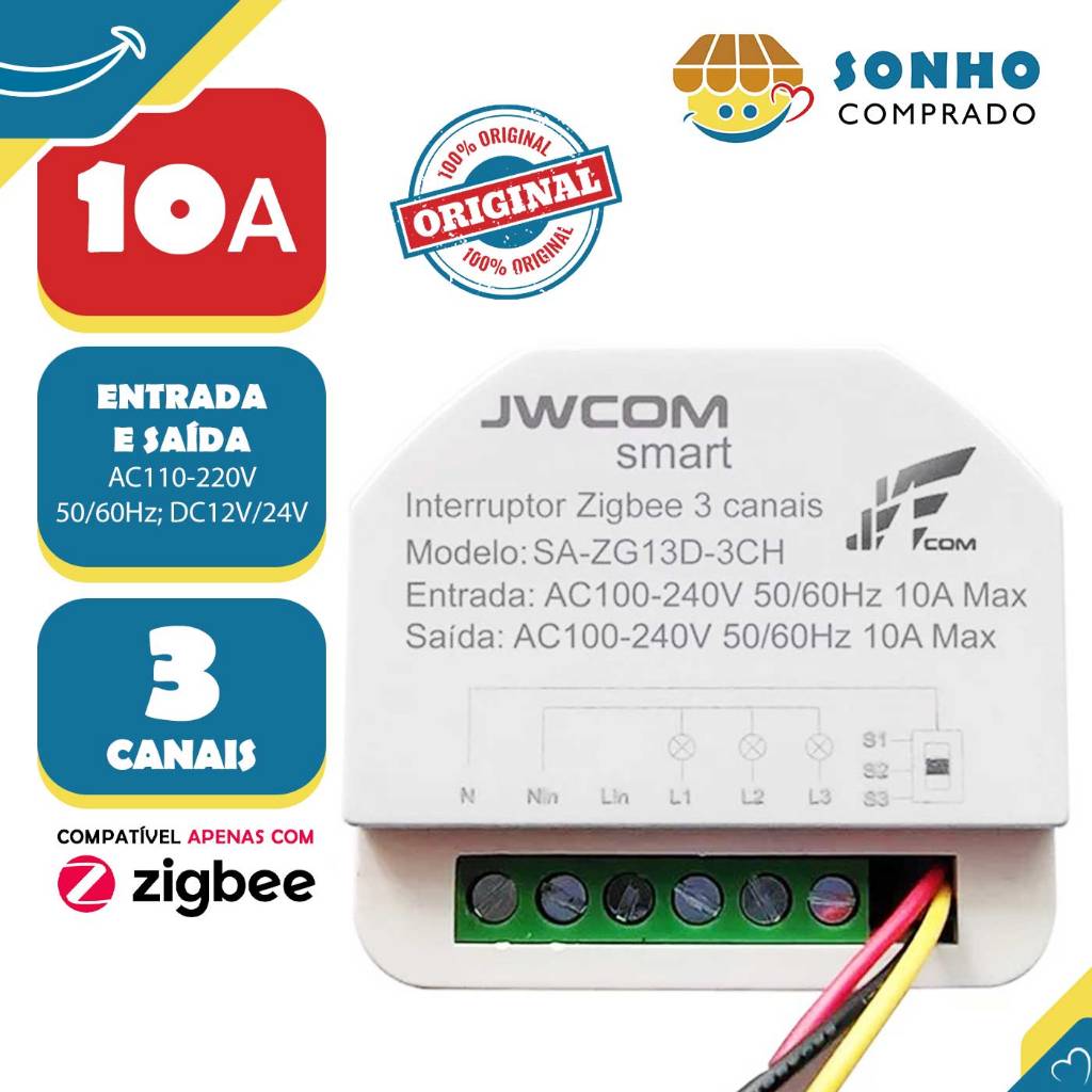 Modulo Mini Inteligente Interruptor 10A 3CH Zigbee JWCOM SA-ZG13-3CH ...