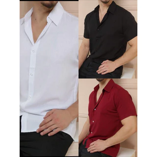 KIT 3 Camisa Social Masculino Manga Curta De Botão Lisa