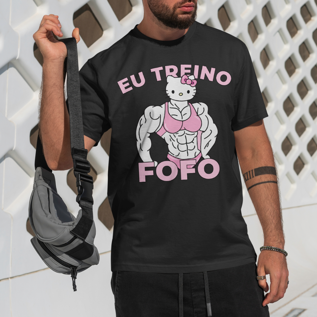 Camiseta Unissex Academia Meme Eu Treino Fofo Hello Kitty Gym Algodao