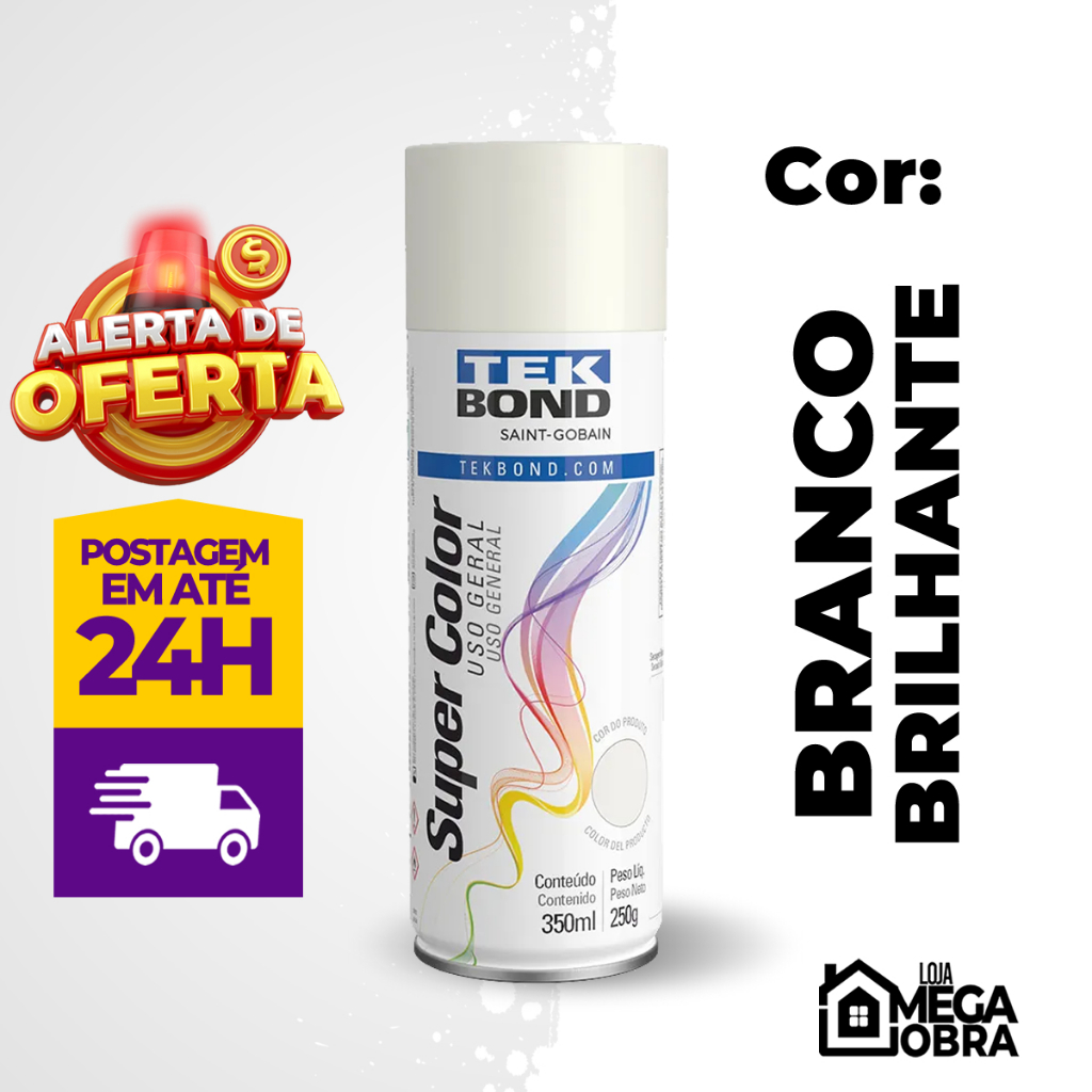 Tinta Spray Uso Geral 350ML Branco Brilhante Tekbond Secagem Rápida Artesanato Madeira Ferro Metal Gesso Cerâmica Automotiva Decoração Mdf Parede Top