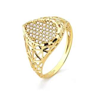 Anel de Ouro Feminino Gota Cravejada e Laterais Vazadas em Oferta na Shopee
