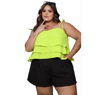 Blusa Bata Feminina Croped 3 Babado de Alça de Amarrar no Ombro Plus Size