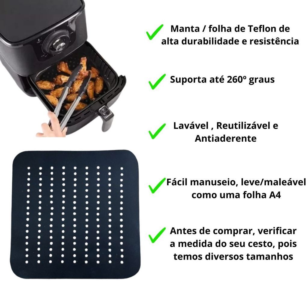 Tapete manta/folha de teflon Grande 24cm X 24cm para fritadeira