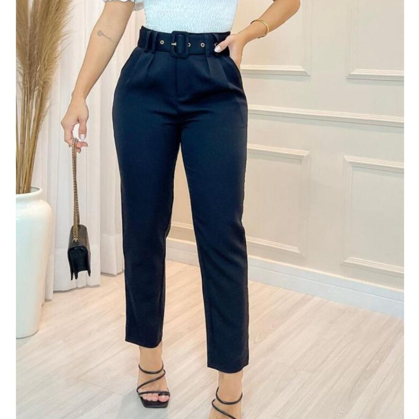 Calça Feminina Alfaiataria com Cinto Social Elegante Cintura Alta Varias Cores Moda Feminina Casual Fashion Slim