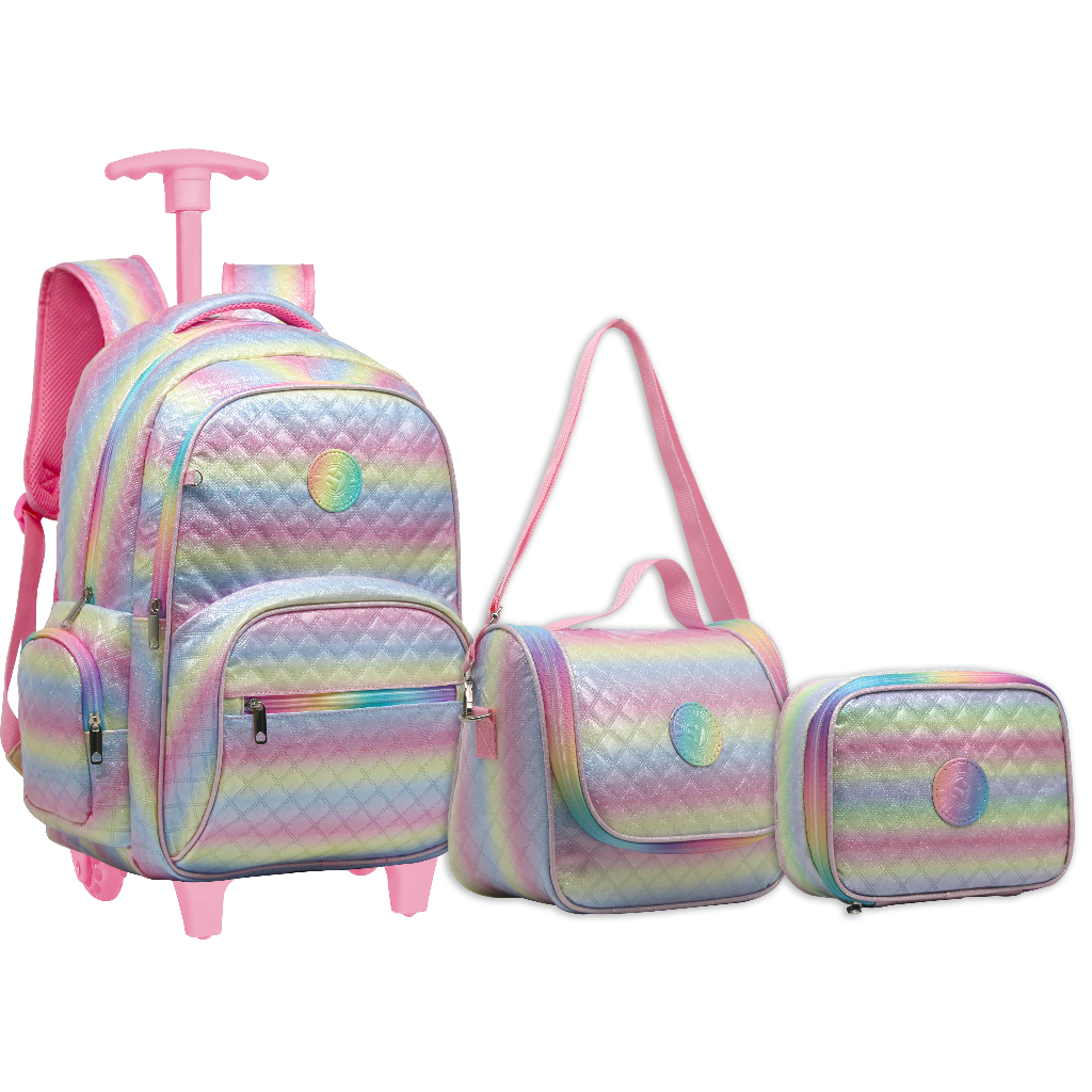 Kit Mochila Escolar Feminina Tie Dye Colorida Rodinhas G KIT8143